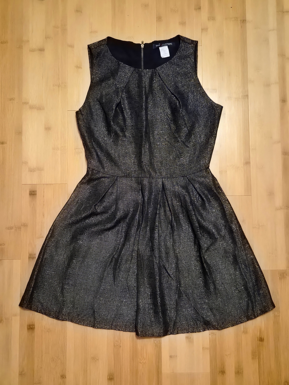 One Clothing Medium Black Metallic Shimmer Pleated Fit & Flare Mini Dress Zip B